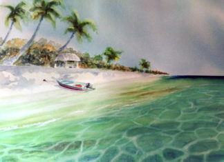 a painting of a boat on a tropical beach