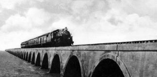 a black and white photo of a train on a bridge