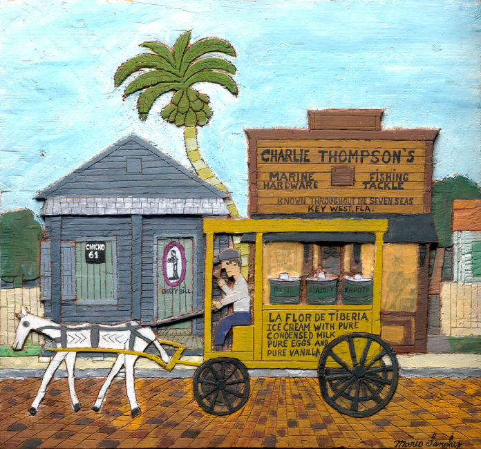 a painting of a horse drawn carriage in front of a building