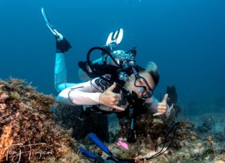 a man scubas over a coral reef giving a thumbs up