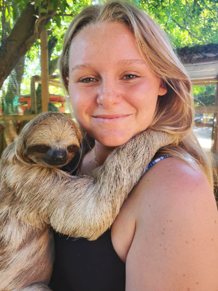 a woman holding a baby sloth in her arms