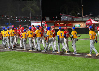 a group of baseball players walking across a field