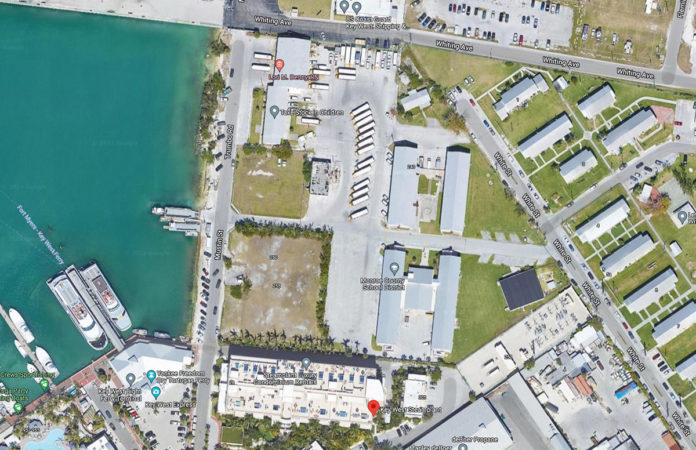 an aerial view of a marina with boats