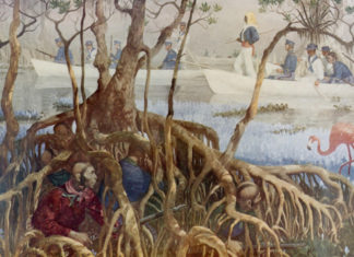 a painting of a group of people in a swamp