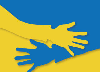 two hands reaching for each other on a blue and yellow background