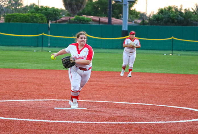 KWHS-pitcher-Chloe-Gilday a woman pitching a baseball on top of a field