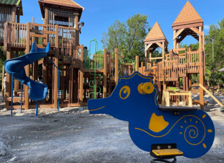 a playground with a blue pig on it