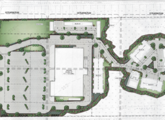 a drawing of a plan of a building and parking lot