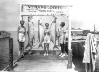 a group of people standing on a dock holding up fish