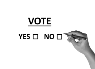 a hand writing vote yes or no on a whiteboard