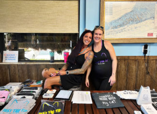 a couple of women standing next to each other at a table