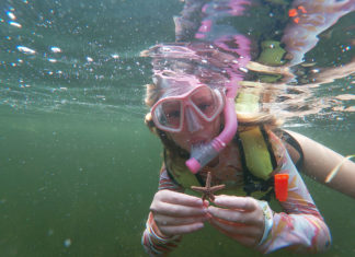 a woman wearing a mask and snorkels underwater