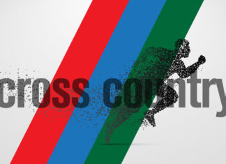 a cross country skier is silhouetted against a rainbow colored background