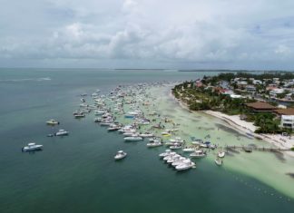 an aerial view of a beach with boats in the water