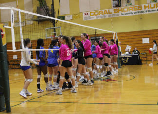 a group of girls in pink shirts playing volleyball