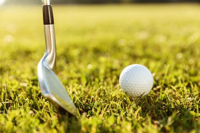 a golf club and a golf ball in the grass