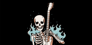 a skeleton playing a guitar with flames around it