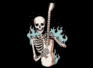 a skeleton playing a guitar with flames around it
