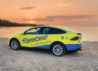 a yellow and blue car parked on the beach