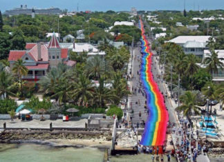 a long rainbow - colored street is lined with palm trees