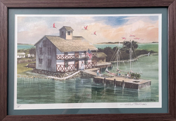 a painting of a house on the water