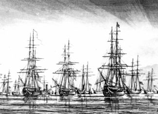 a black and white drawing of a fleet of ships