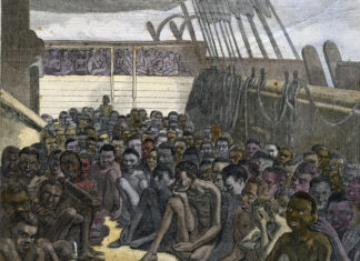a painting of a crowd of people sitting on the ground