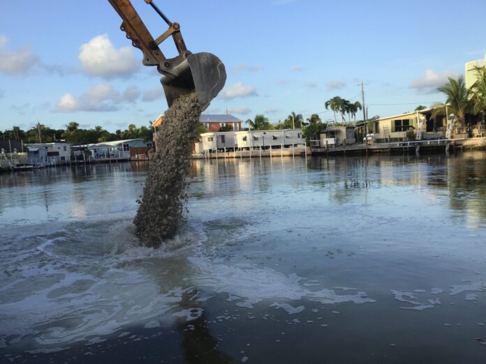 a crane is in the middle of a body of water