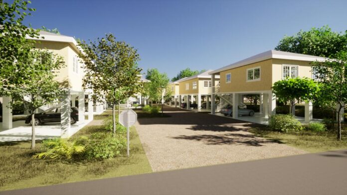 a rendering of a street with houses in the background