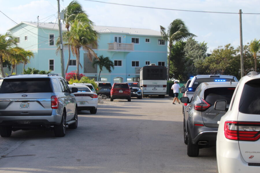 Law enforcement vehicles line Oleander Drive in Tavernier following a migrant landing involving 100-plus Haitian migrants on Thursday morning. JIM McCARTHY/Keys Weekly