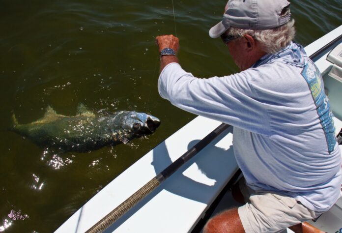 a man on a boat with a fish in the water