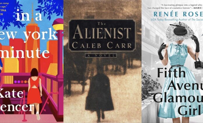 a collage of books with a woman in a dress