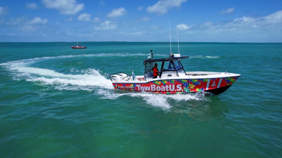 TowBoatUS Islamorada’s 32-foot Ocean Master boat is wrapped in the signature autism awareness look for the month of April. CONTRIBUTED