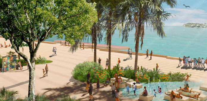 an artist's rendering of a beach with a fountain and palm trees