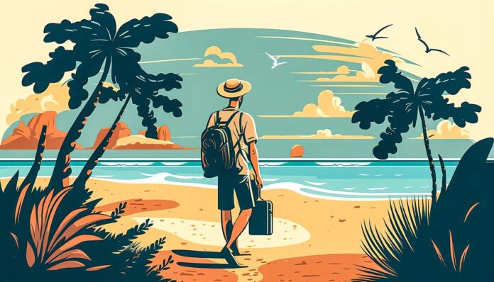 a man with a backpack and a suitcase walking on a beach