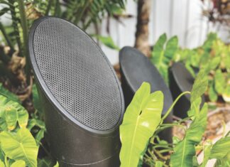 a pair of speakers sitting in the middle of a garden