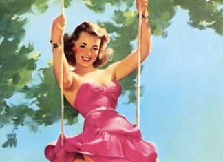 a painting of a woman in a pink dress on a swing