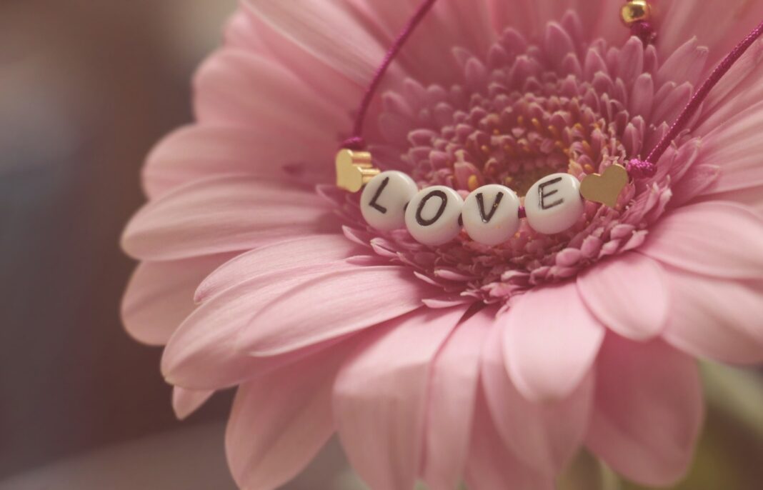 a pink flower with the word love spelled on it