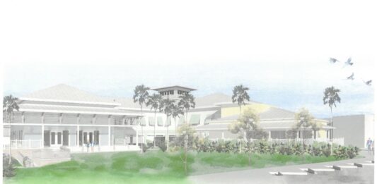 a drawing of a large white building with palm trees