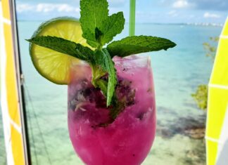 a pink drink with a lime and mint garnish