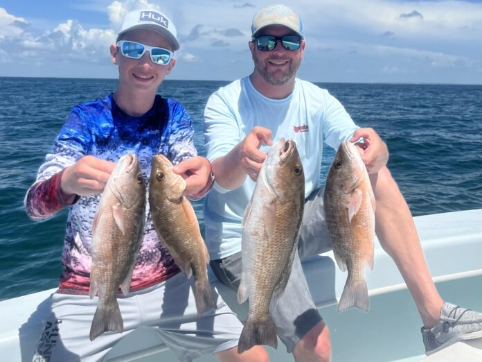 a couple of men sitting on a boat holding fish