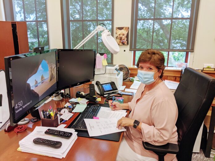 a woman sitting at a desk wearing a face mask