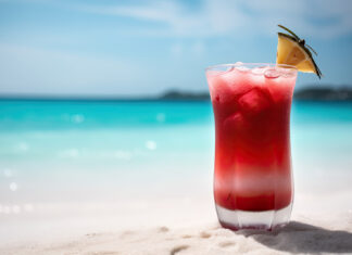 a red drink sitting on top of a sandy beach