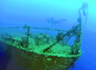 DIVER DIES AT SPIEGEL GROVE WRECK IN KEY LARGO a ship in the water with a scuba diver nearby