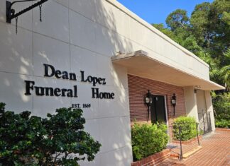 the front entrance of a funeral home