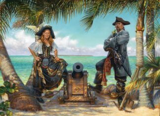 a painting of a man and a woman on a pirate ship