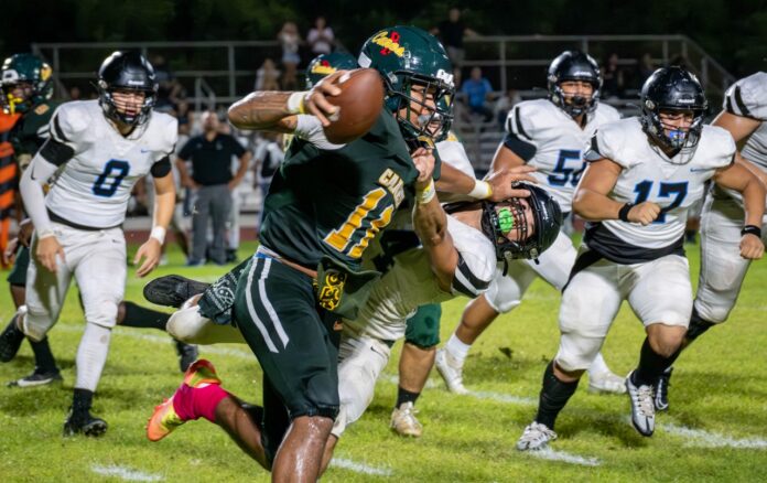 a football player running with the ball during a game