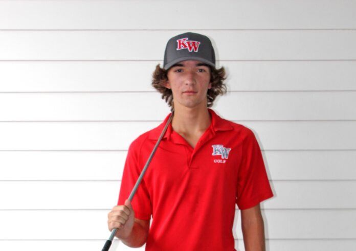 a man in a red shirt and hat holding a baseball bat