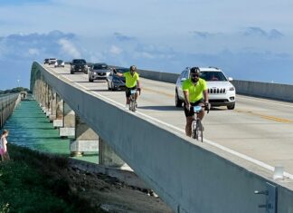 a couple of people riding bikes on a bridge