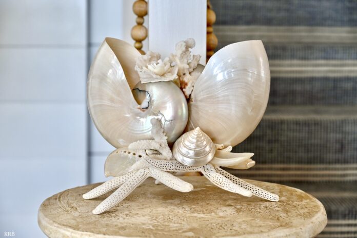 a candle holder with shells and seashells on it